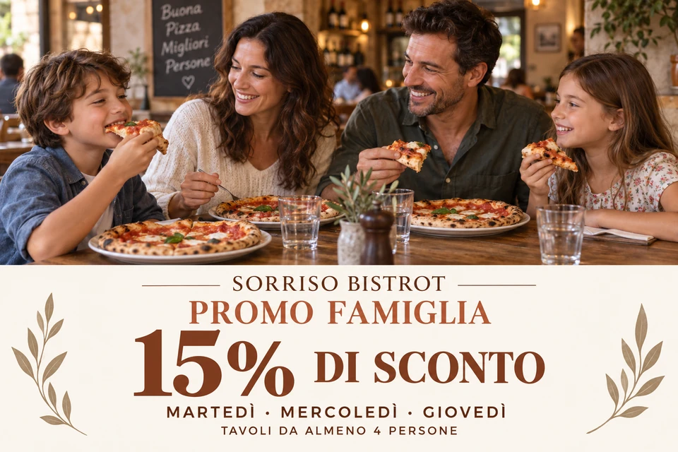 Una famiglia di quattro persone mangia la pizza. Sorriso Bistrot, Promo Famiglia: 15% di sconto il martedì, mercoledì e giovedì, per tavoli da almeno 4 persone.
